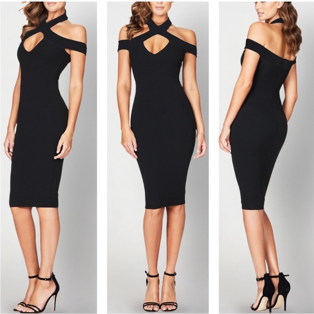 Nookie Black Cold-Shoulder Midi Dress with Keyhole Neckline
